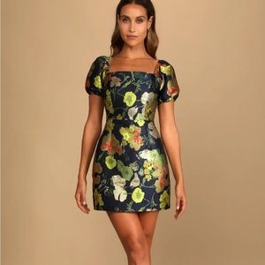 So Stunning Navy Blue Floral Jacquard Puff Dress